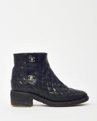 Chanel Black Quilted Leather CC Logo Short Zip Boots - 38