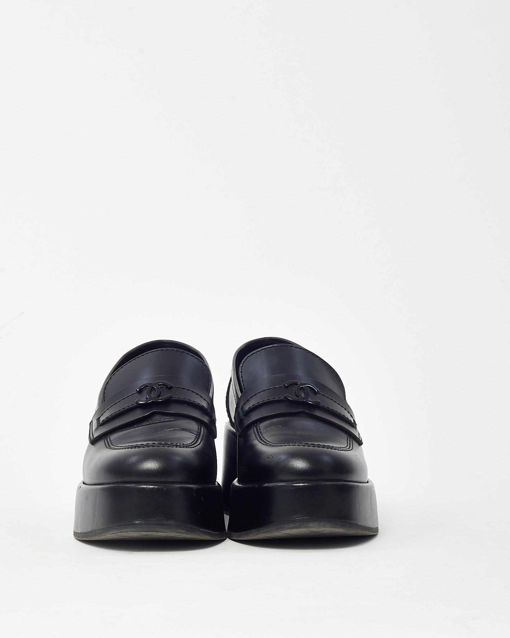 Chanel Black Calfskin Leather Black CC Coco Mark Platform Loafers - 38