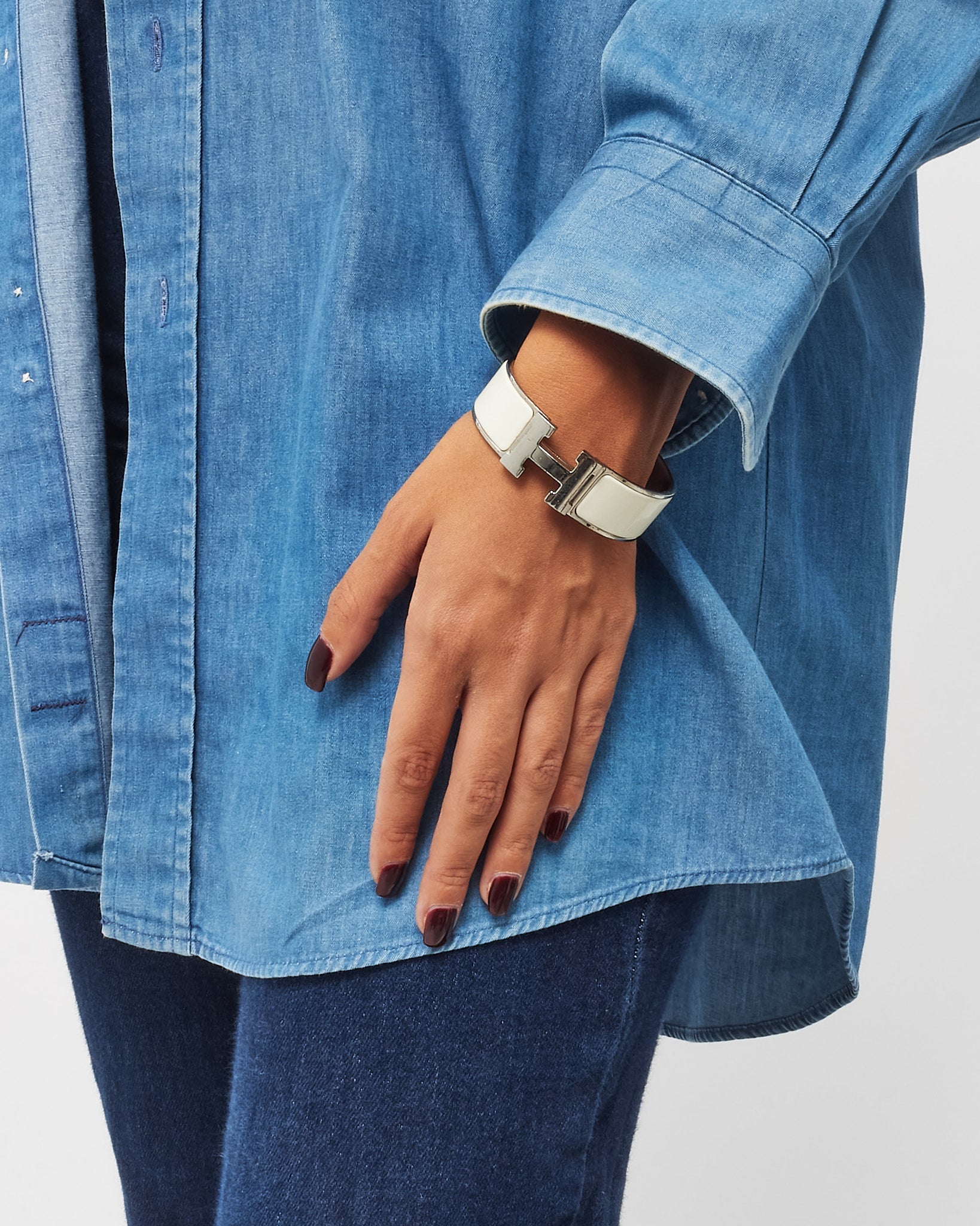 Hermès Silver White Enamel Wide Clic Clac H Bracelet - GM