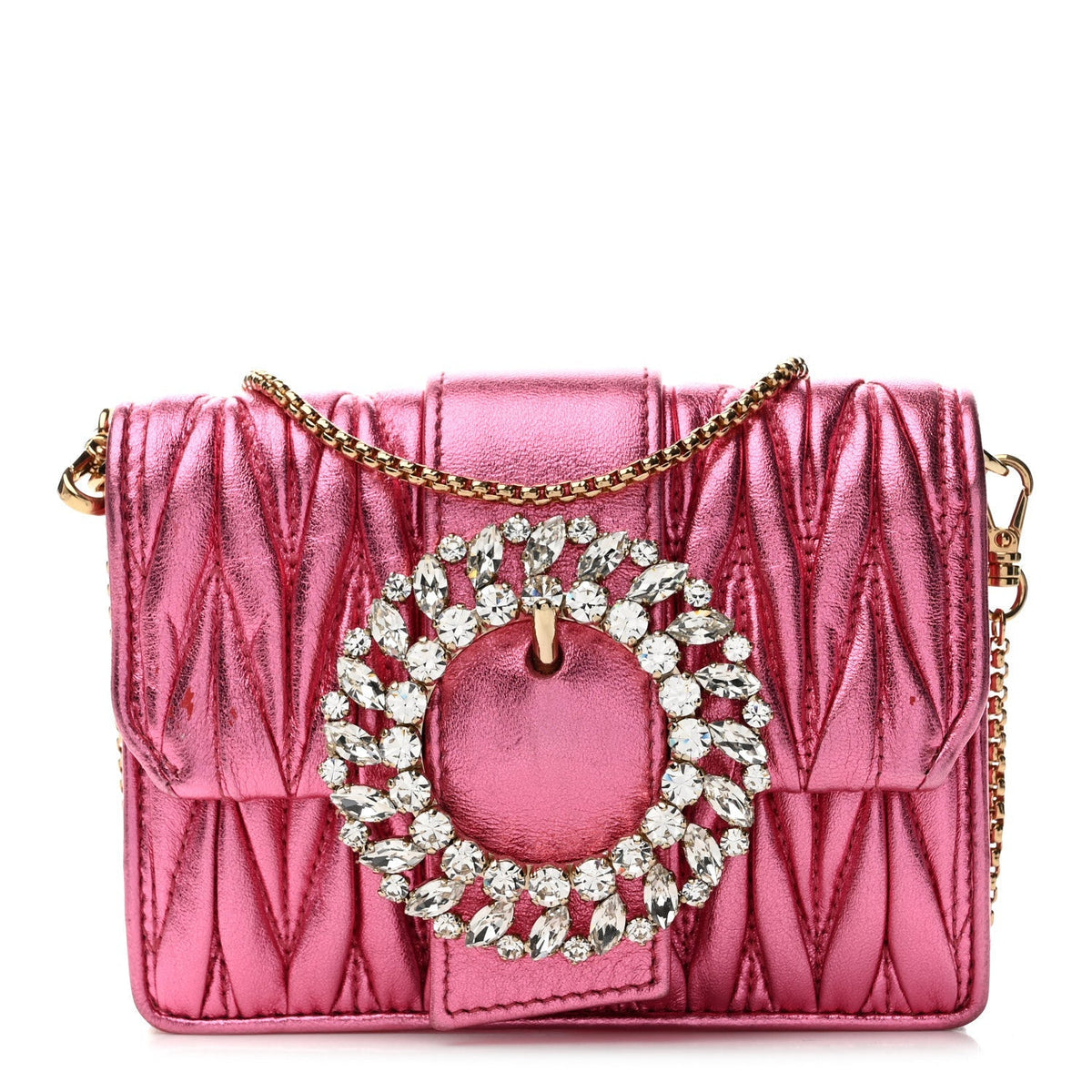 Metallic Nappa Matelasse Crystal Embellished Lady Crossbody Pink